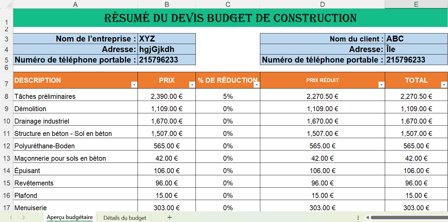 Modèle Excel de budget de construction avec calculs automatiques des coûts et suivi de chantier.