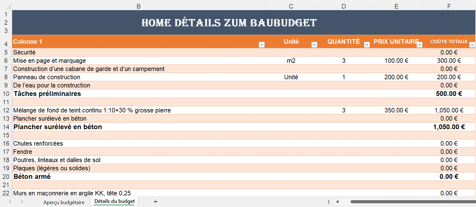 Tableau Excel pour le budget de construction d’une maison avec calculs automatiques.