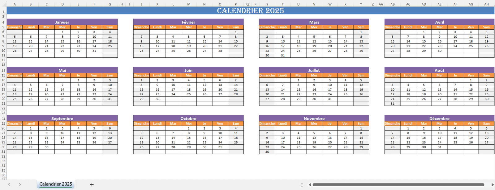 Exemple de calendrier 2025 dans Excel avec mise en page mensuelle automatique.