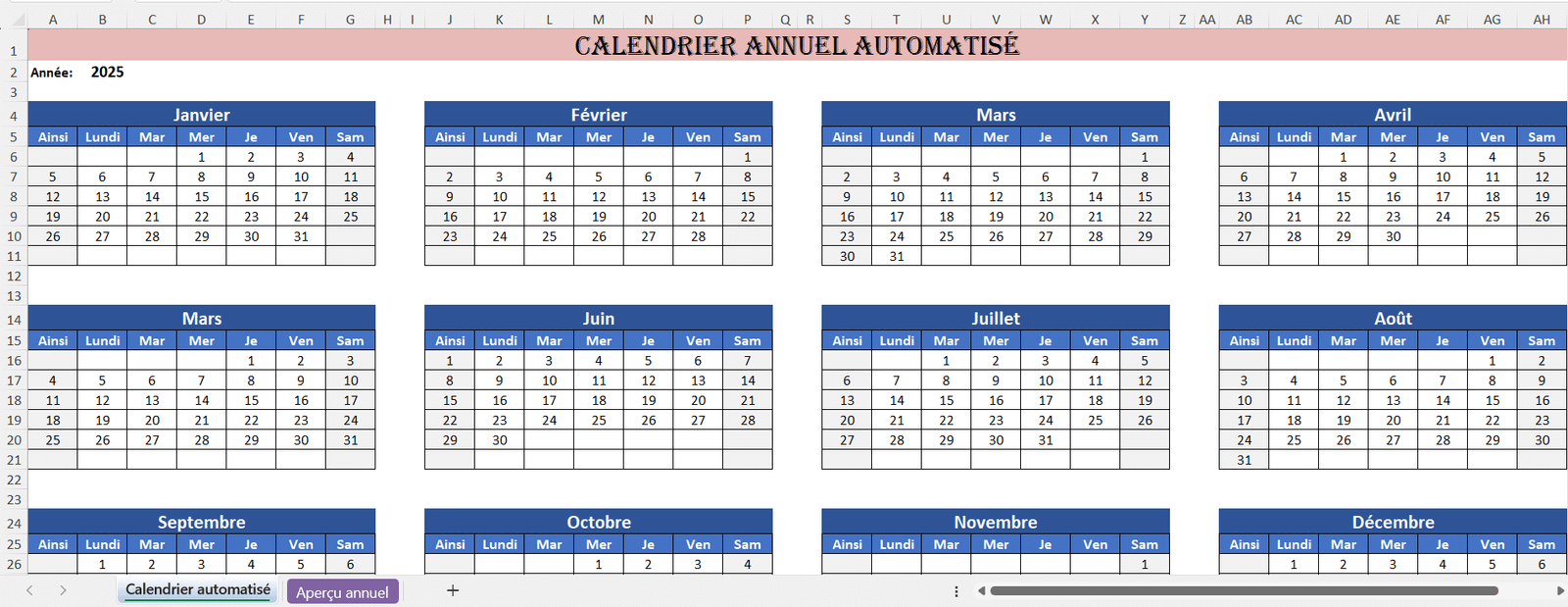Exemple de modèle Excel de calendrier annuel automatisé avec formules dynamiques.