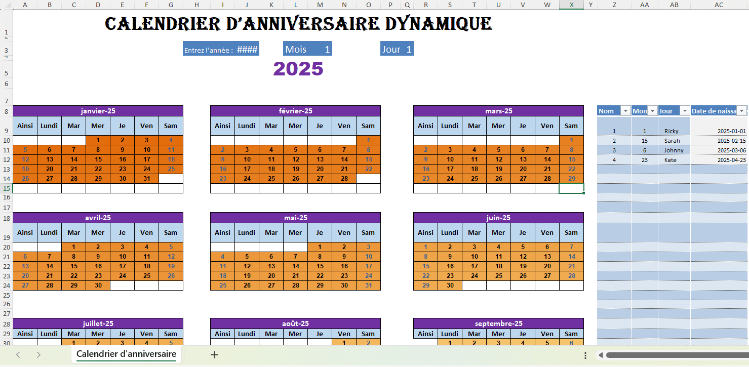 Exemple de tableau Excel dynamique d’anniversaires avec calcul automatique de l’âge.