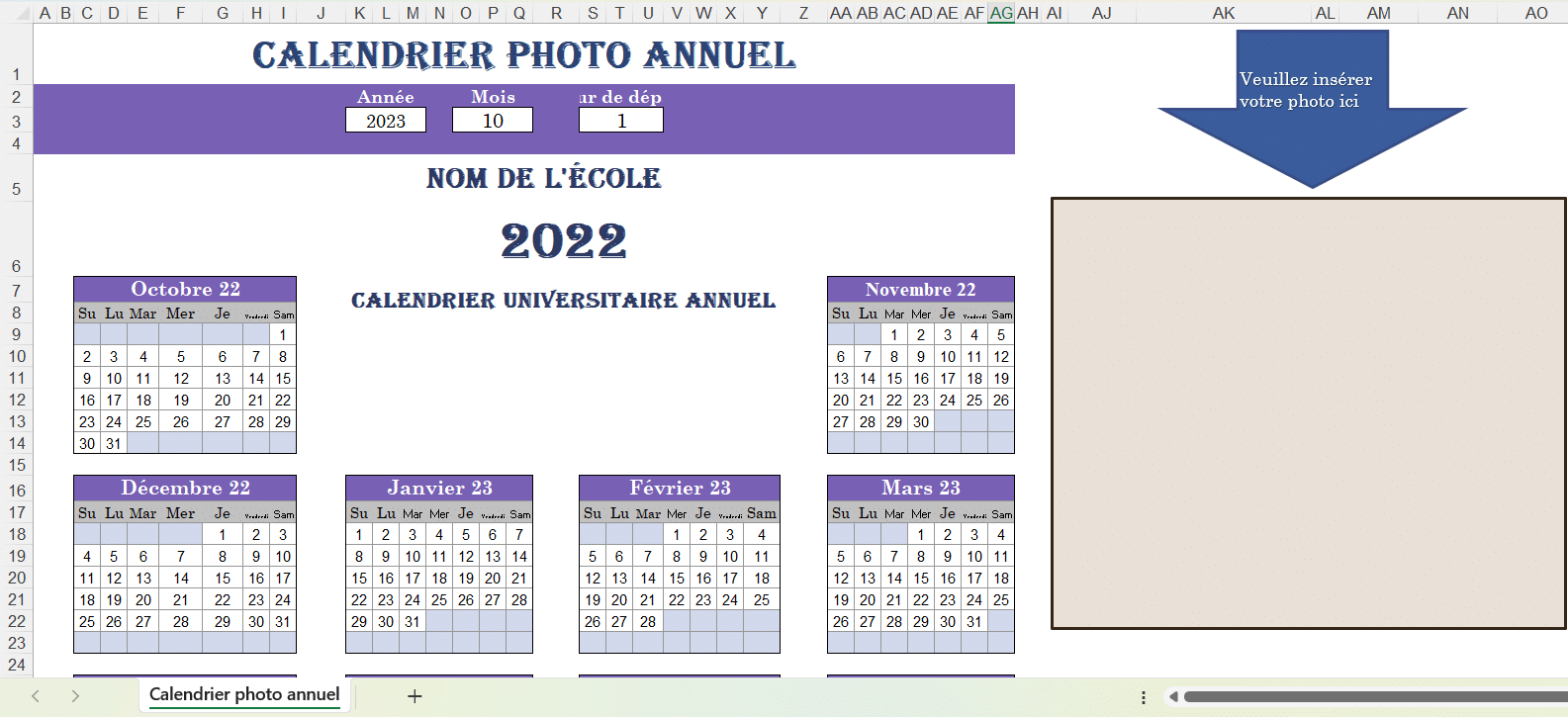 Exemple de calendrier photo annuel Excel avec mise en page colorée et zone d’image personnalisable.
