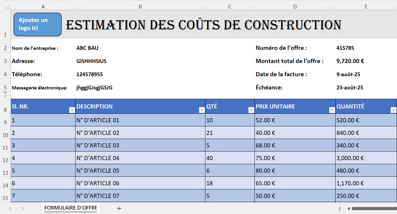 Tableau Excel d’estimation des coûts de construction avec calculs automatiques et totaux.