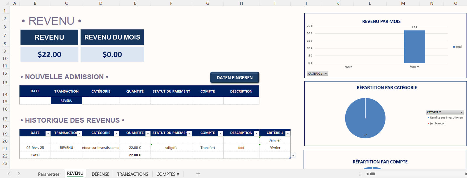Tableau Excel de gestion de finances personnelles.