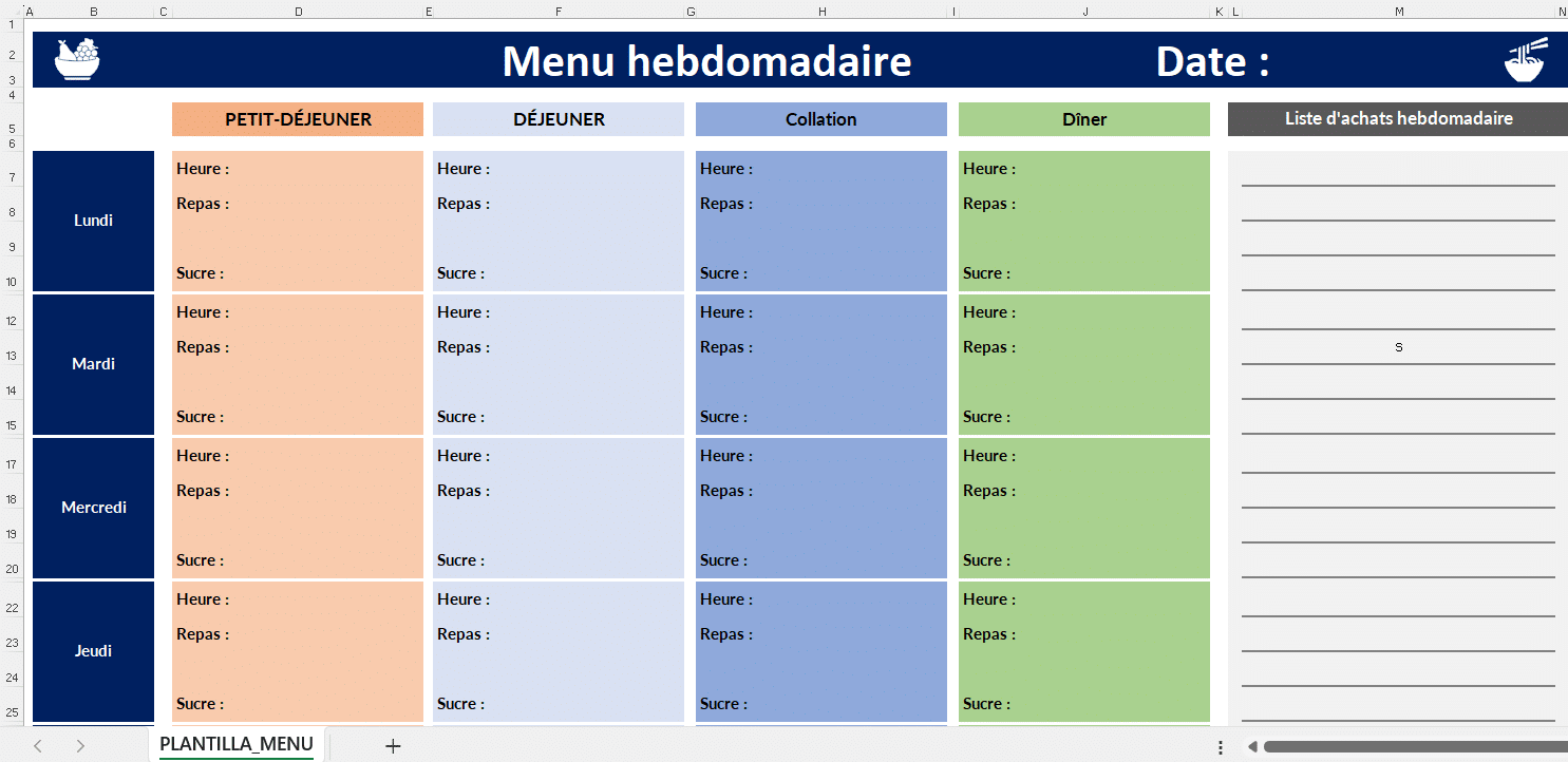 Tableau Excel des horaires des repas par jour et heure.
