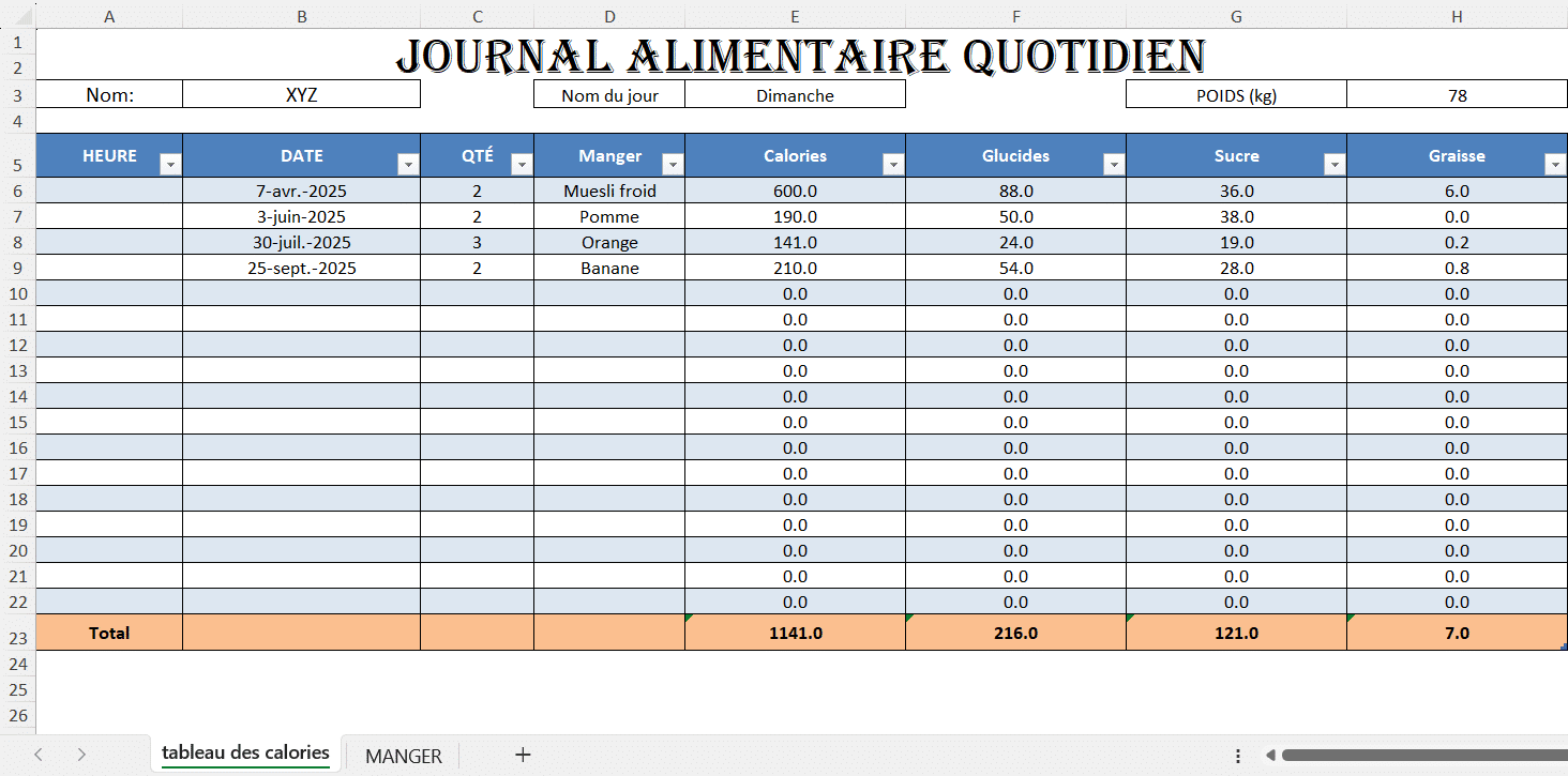 Journal alimentaire quotidien en Excel montrant le suivi des repas, des calories, des glucides, du sucre et des graisses, avec le poids et les totaux journaliers.
