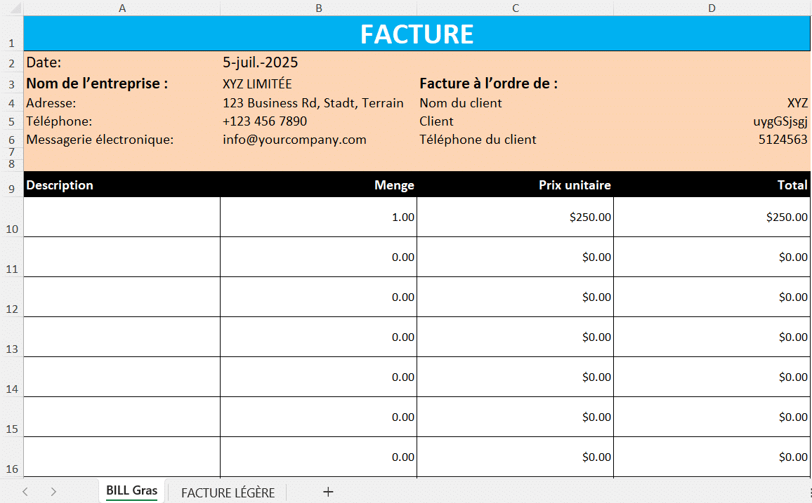 Modèle de facture Excel simple présentant les champs de l’entreprise, du client, la date et un tableau avec description, quantité, prix unitaire et total.