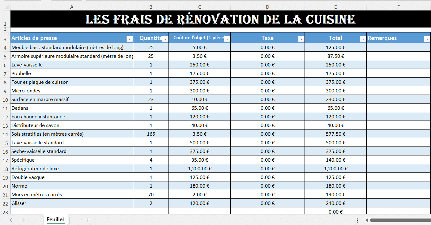 Tableau Excel de rénovation de cuisine avec estimation et calcul automatique des coûts.