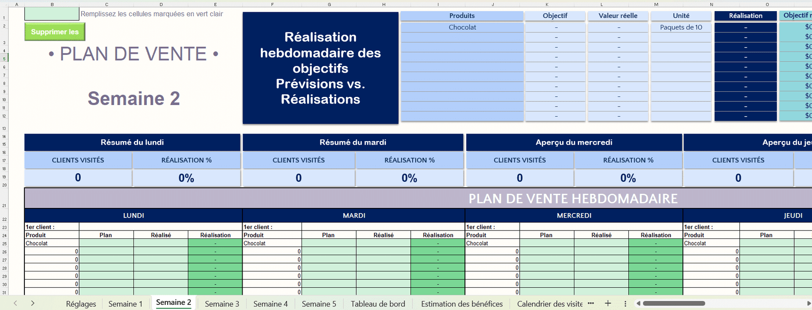 Tableau Excel de planification et prévision des ventes.