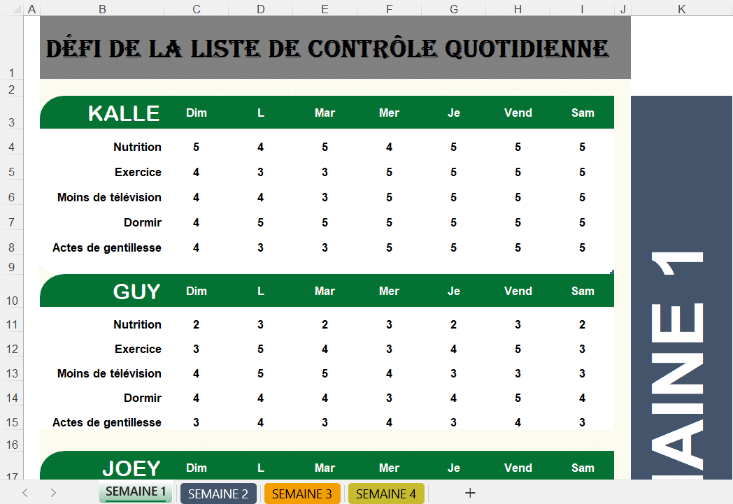 Feuille Excel du modèle “Défi de la liste de contrôle quotidienne” montrant la progression hebdomadaire des habitudes de plusieurs utilisateurs avec des notes journalières.