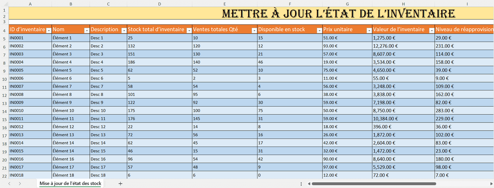 Modèle Excel de mise à jour de l’état des stocks avec colonnes pour l’inventaire, les ventes et la valeur totale.