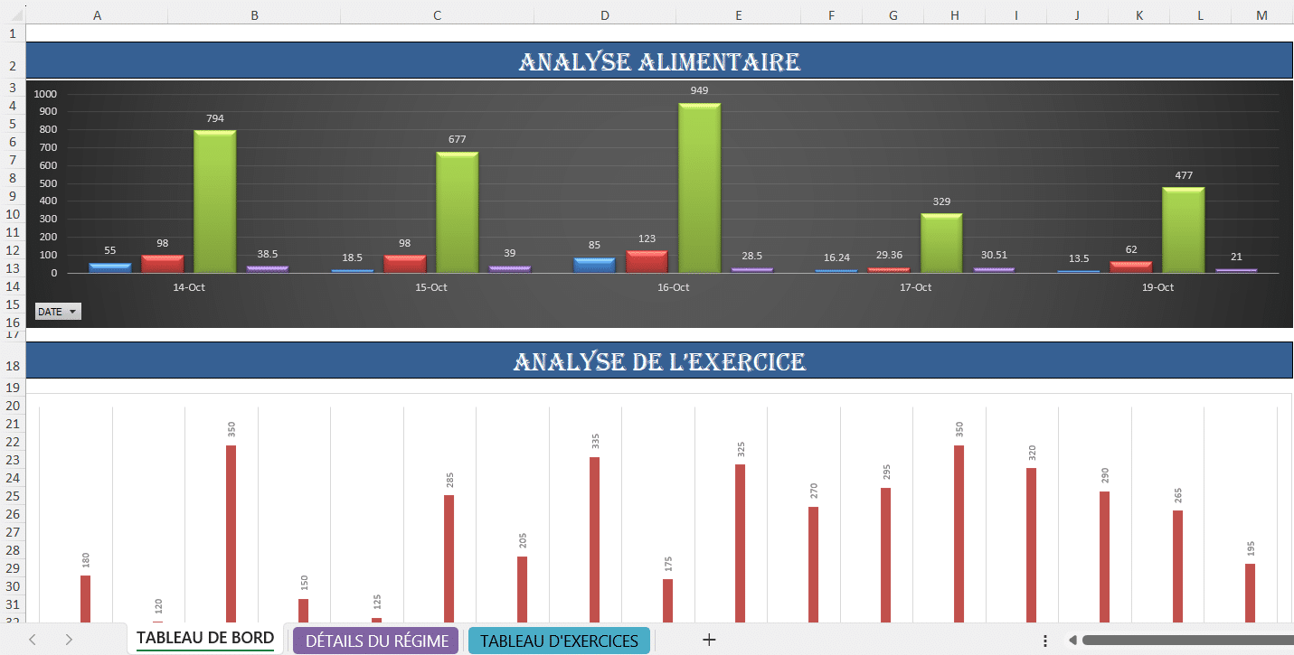 Tableau de bord Excel de suivi de santé et de forme physique montrant les graphiques d’analyse alimentaire et d’exercice.