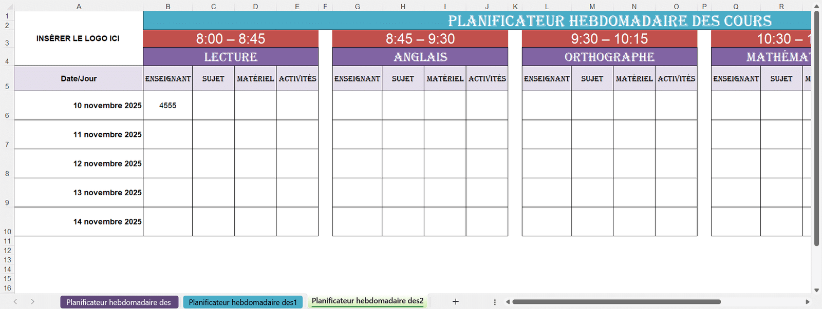 “Planning Excel du planificateur hebdomadaire des cours avec créneaux horaires, matières comme Lecture, Anglais, Orthographe et Mathématiques, et tableau pour inscrire enseignant, sujet, matériel et activités.”