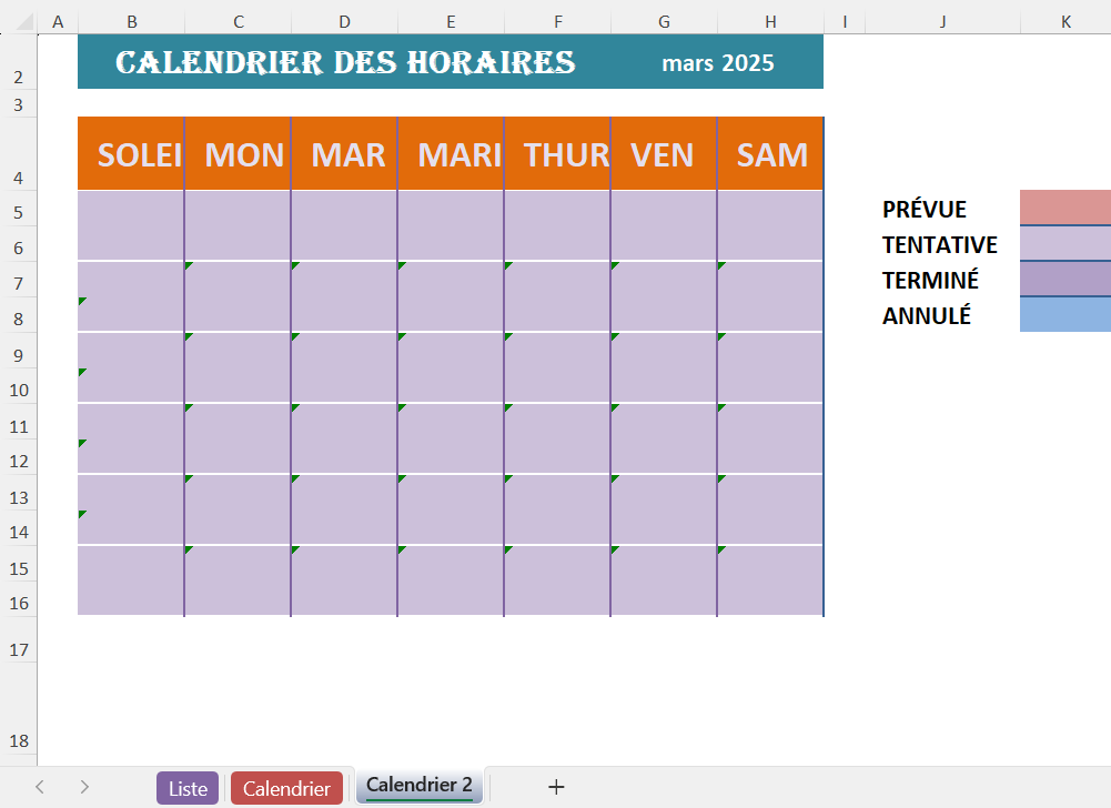 Modèle Excel gratuit de calendrier des horaires du personnel pour mars 2025.