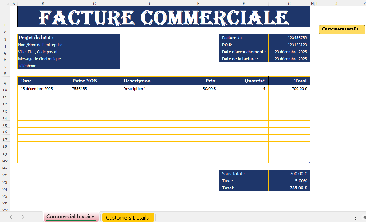 Modèle de facture commerciale Excel avec informations client, détails des produits, calcul automatique du total et des taxes