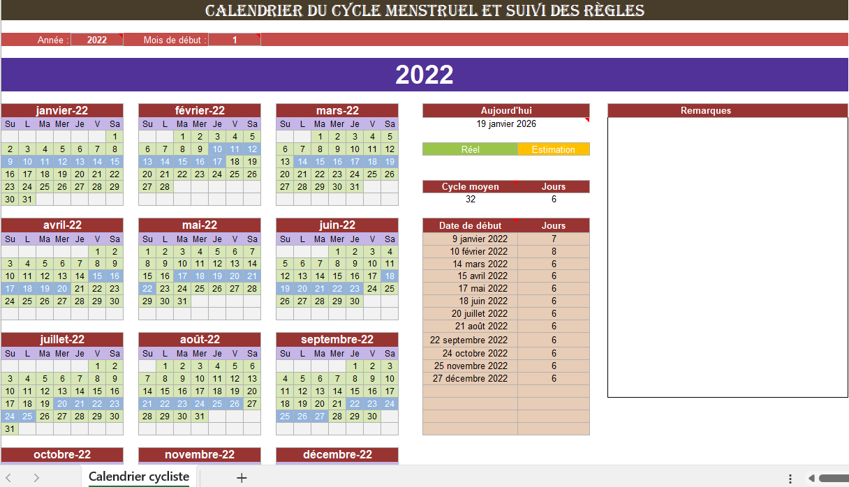 Calendrier du cycle menstruel sur Excel pour le suivi des règles et de l’ovulation