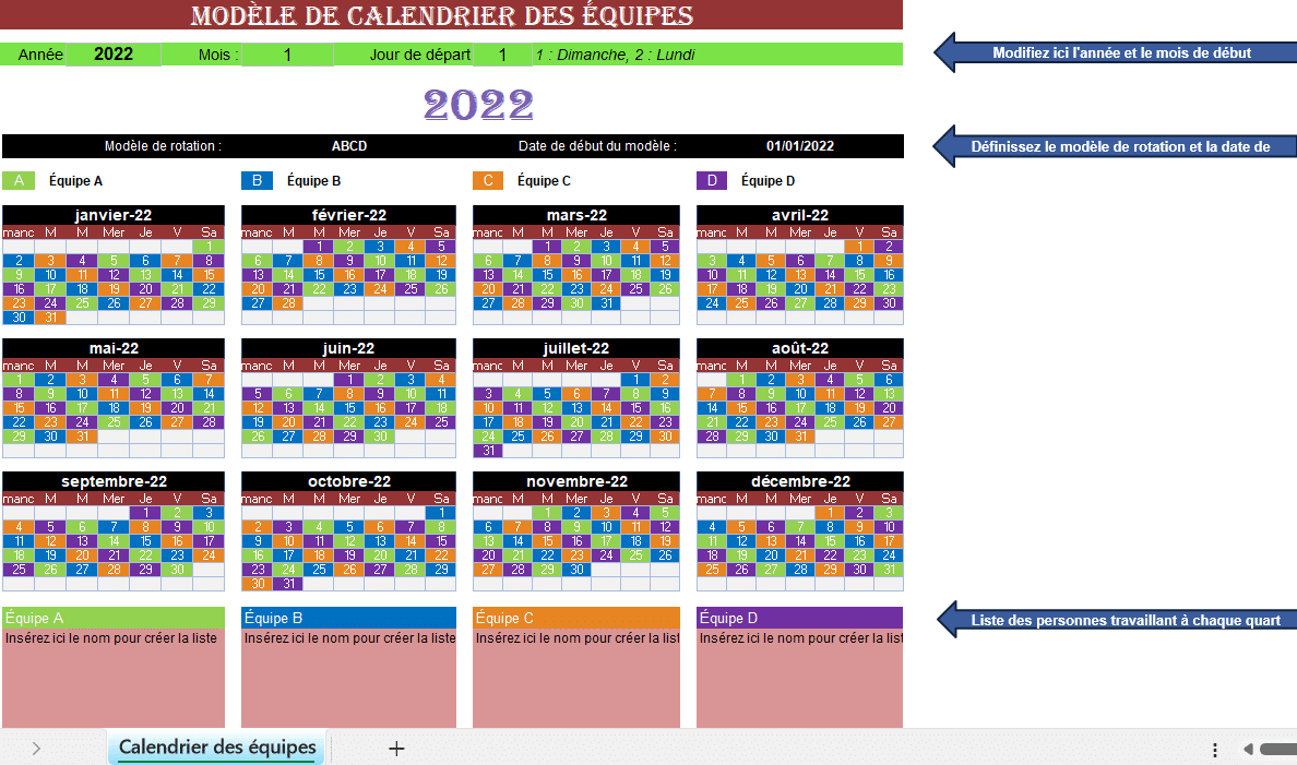 Modèle Excel de calendrier des équipes avec rotation des quarts, planification annuelle et gestion des équipes A, B, C et D