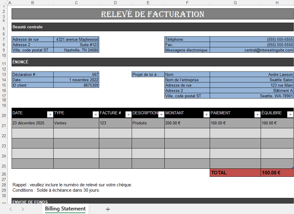 Relevé de facturation Excel avec suivi des factures, paiements et soldes clients