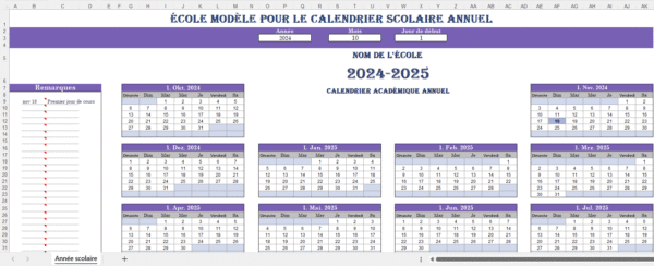 Feuille Excel de calendrier de l’année scolaire avec jours et mois.