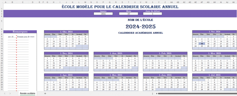 Feuille Excel de calendrier de l’année scolaire avec jours et mois.