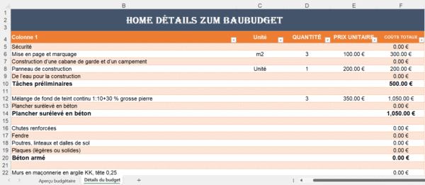 Tableau Excel pour le budget de construction d’une maison avec calculs automatiques.