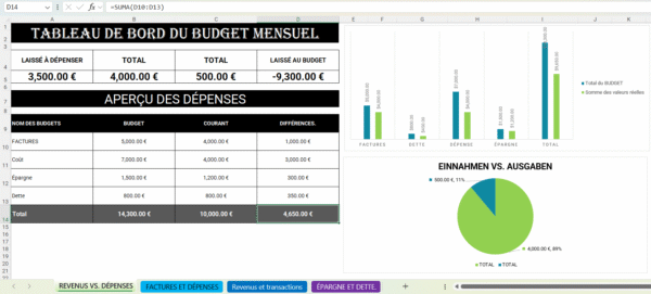 Tableau Excel de budget mensuel avec calcul automatique des revenus, dépenses et solde