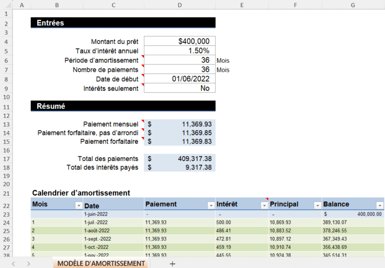 Feuille Excel de calcul d’amortissement de prêt montrant le montant emprunté, le taux d’intérêt annuel, la période d’amortissement, les paiements mensuels et le tableau d’amortissement détaillé.