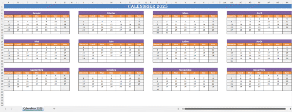 Exemple de calendrier 2025 dans Excel avec mise en page mensuelle automatique.