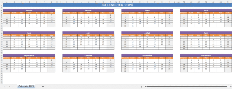 Exemple de calendrier 2025 dans Excel avec mise en page mensuelle automatique.