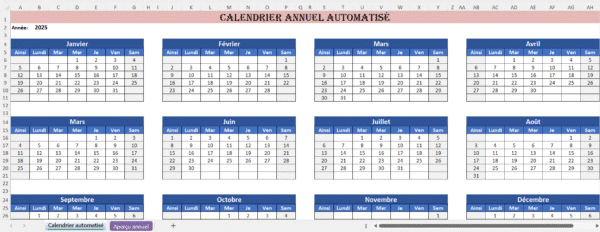 Exemple de modèle Excel de calendrier annuel automatisé avec formules dynamiques.