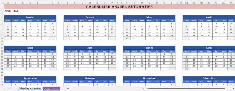 Exemple de modèle Excel de calendrier annuel automatisé avec formules dynamiques.