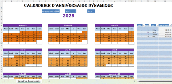 Exemple de tableau Excel dynamique d’anniversaires avec calcul automatique de l’âge.