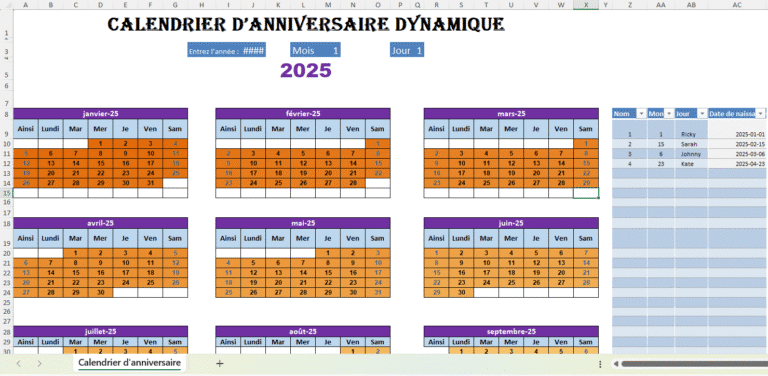 Exemple de tableau Excel dynamique d’anniversaires avec calcul automatique de l’âge.