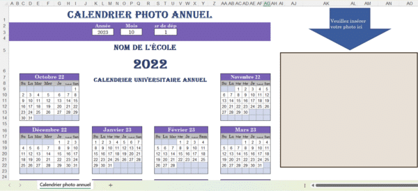 Exemple de calendrier photo annuel Excel avec mise en page colorée et zone d’image personnalisable.