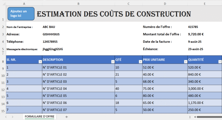 Tableau Excel d’estimation des coûts de construction avec calculs automatiques et totaux.