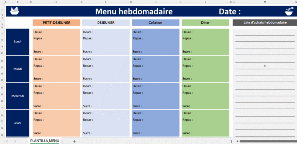 Tableau Excel des horaires des repas par jour et heure.