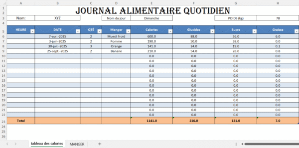 Journal alimentaire quotidien en Excel montrant le suivi des repas, des calories, des glucides, du sucre et des graisses, avec le poids et les totaux journaliers.