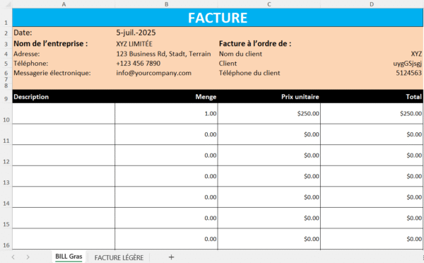 Modèle de facture Excel simple présentant les champs de l’entreprise, du client, la date et un tableau avec description, quantité, prix unitaire et total.