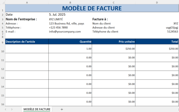 Modèle de facture en Excel montrant les sections pour l’entreprise, le client, la date et le tableau automatique des articles, quantités, prix unitaires et totaux.