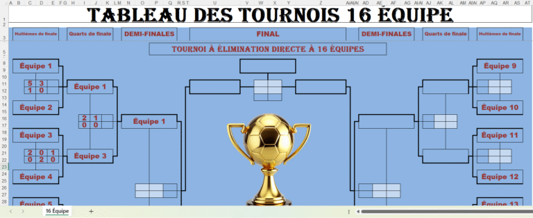 Tableau Excel de tournoi à 16 équipes à élimination directe en double match, avec trophée doré au centre.