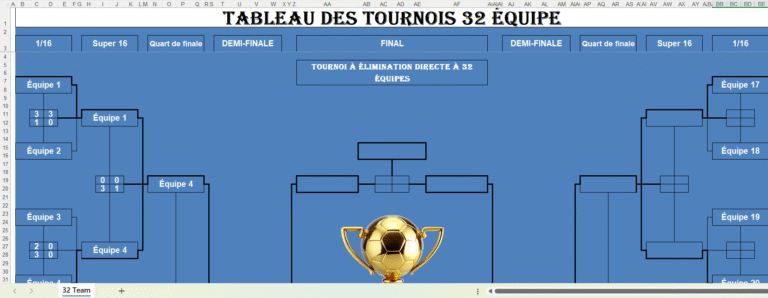 Tableau Excel de tournoi à 32 équipes à élimination directe en double match, avec trophée doré au centre.