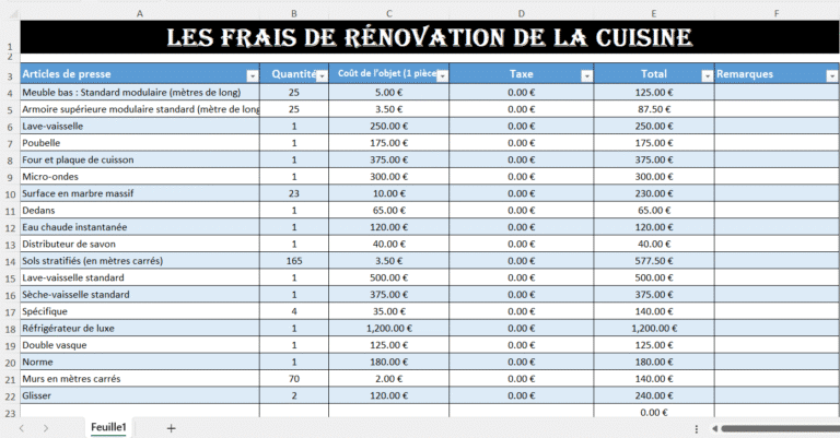 Tableau Excel de rénovation de cuisine avec estimation et calcul automatique des coûts.