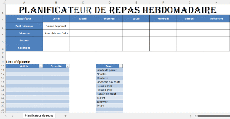 Planificateur de repas hebdomadaire en Excel avec tableau de menus du lundi au dimanche et liste d’épicerie automatisée pour organiser les repas de la semaine.