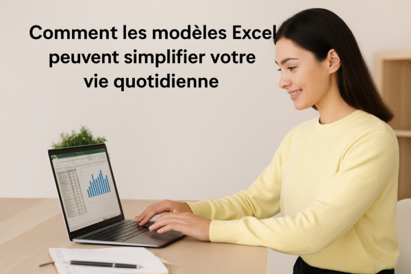 Femme travaillant sur un ordinateur portable avec un modèle Excel affichant des graphiques colorés, illustrant la productivité et l’organisation quotidienne.