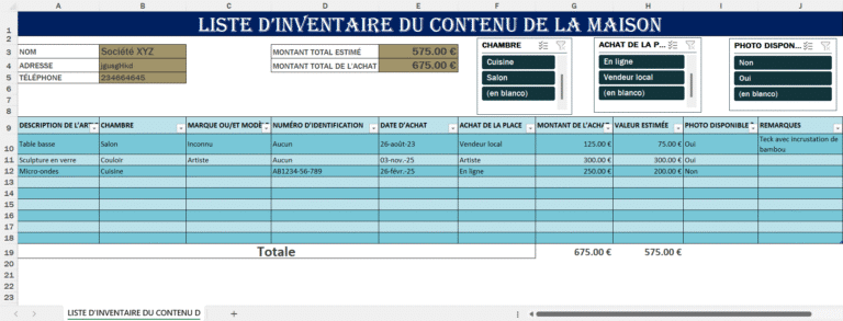 Feuille Excel d’inventaire du contenu de la maison montrant les colonnes pour la description, la valeur estimée, la pièce et les remarques.