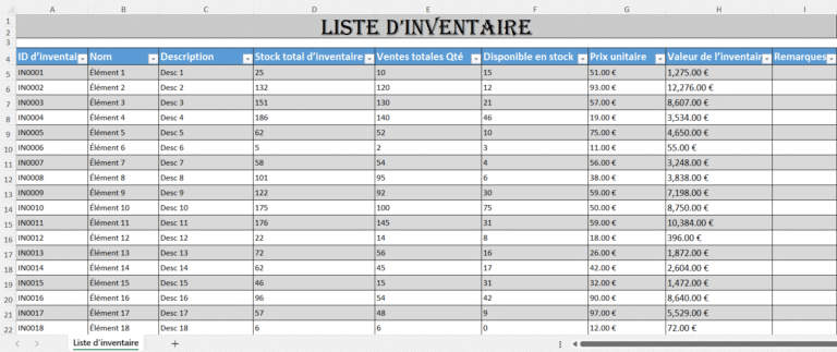 Modèle Excel de liste d’inventaire avec colonnes pour le stock, les ventes et la valeur des articles.