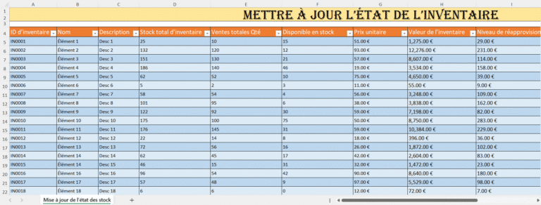 Modèle Excel de mise à jour de l’état des stocks avec colonnes pour l’inventaire, les ventes et la valeur totale.