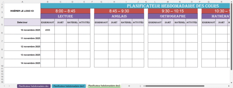 “Planning Excel du planificateur hebdomadaire des cours avec créneaux horaires, matières comme Lecture, Anglais, Orthographe et Mathématiques, et tableau pour inscrire enseignant, sujet, matériel et activités.”