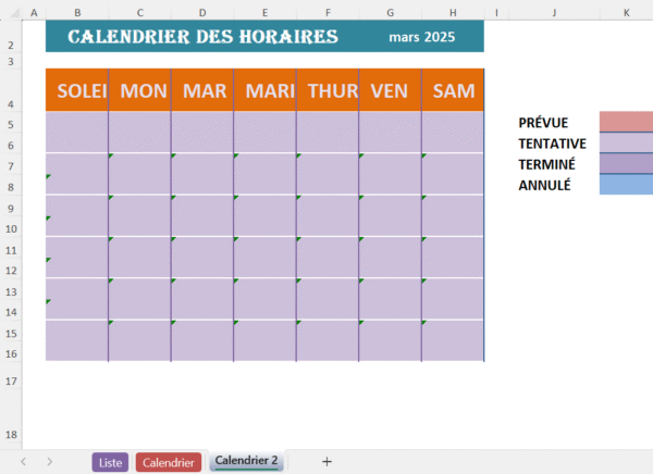 Modèle Excel de calendrier des horaires de travail pour la gestion du personnel.
