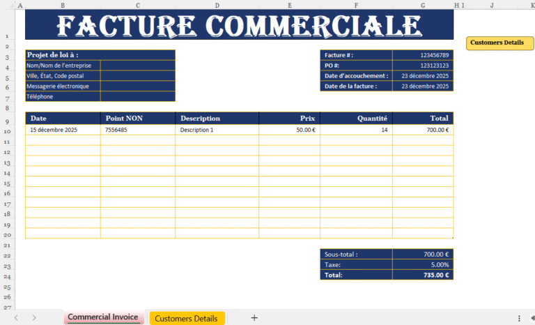 Modèle de facture commerciale Excel avec informations client, détails des produits, calcul automatique du total et des taxes